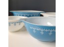 Rare Set (4) Pyrex Blue Snowflake Cinderella Bowl Set