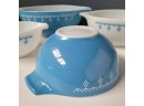Rare Set (4) Pyrex Blue Snowflake Cinderella Bowl Set