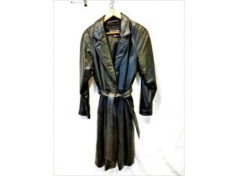 Men's Vintage Black Leather Insulated Full Length Belted Trench Coat Size Small