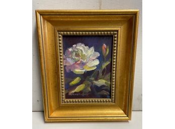 Fabulous Terry Oakes Bourret Modern  Oil  On Canvas  White Rose Still Life By