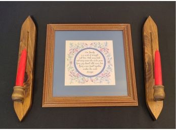 Pair Of Wooden Candle Sconces And Framed Art