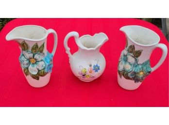 3 Ceramic Water Pitchers, Hand Painted W Flowers On Them, Good Used Condition