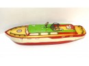 Vintage 16 Inch J Chein Tin Litho Wind Up Boat Working