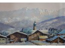 Original Painting On Board German Alps Mountain With Town - Framed