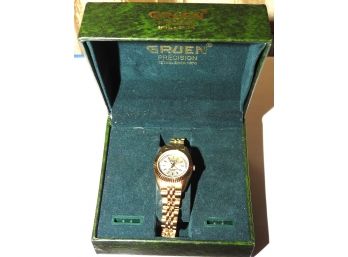 Ladies Gold Tone Gruen Precision Wrist Watch In Original Case