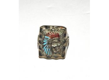 Vintage Mens Indian Head Ring With Owl Luck On 2 Sides Cannot Decipher Hallmark