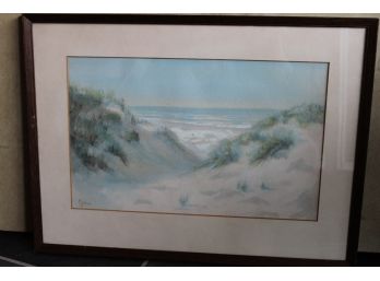 Very Nice Signed Original Watercolor Painting BEACH DUNES AND SEA Waterfront  - Framed And From A Good Estate