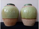 Hand Crafted Pottery Lot Of Two Green Vases