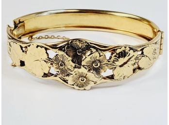 *Beautiful  Antique Look Gold Tone Flower Cuff Bracelet