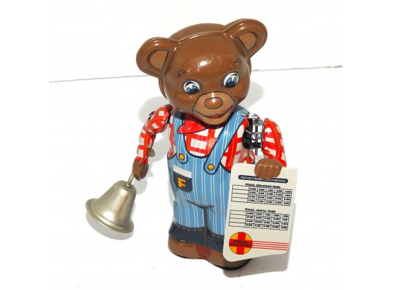 Vintage Fossil Tin Litho Wind Up Bell Ringing Bear Working