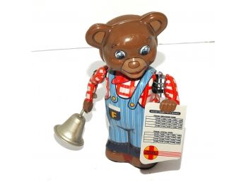 Vintage Fossil Tin Litho Wind Up Bell Ringing Bear Working