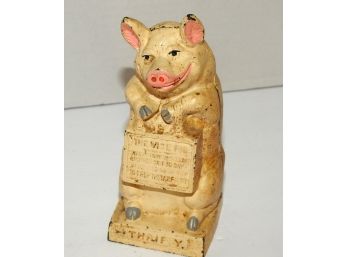 Antique Original  Hubley No. 822 Thrifty The Wise Pig  Cast Iron Piggy Ban