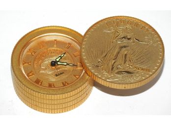 Vintage Brass Bulova Stack Of Gold Coins Travel Alarm Clock
