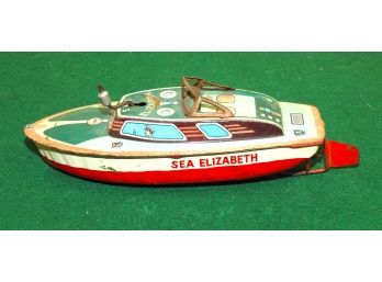 1960s 8 Inch Sea Elizabeth Tin Litho Wind Up Boat