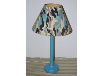 Vintage Blue Metal Lamp With Camouflage Decorated Shade