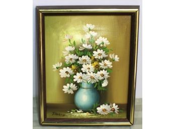 Small Framed Still Life Oil Painting On Canvas - Vase Of Daisys, Signed Daniels
