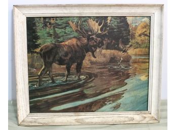 Fraimed Signed Oil Painting Of A Moose On Canvas