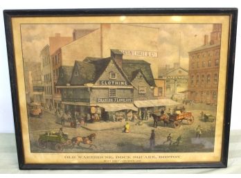Framed Late 1800's L. Prang & Co., Boston Lithograph 'Old Warehouse Dock Square, Boston'