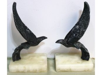 1930-40's Metal Sea Gull On Marble Base Bookends
