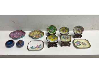 Vintage Chinese Miniature Enameled Hand Painted Trays And  Dishes