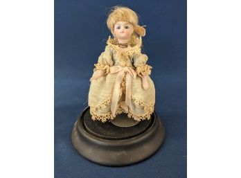 Small Antique Miniature Porcelain Jointed Doll In Antique Clothing In Cloche