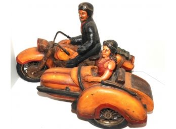MASSIVE 24 Inch Motorcycle With Sidecar Wood Model With Rubber Tires Metal Wheels GREAT PIECE