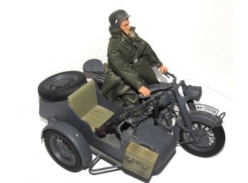 Vintage LARGE GI Joe Type WW2 German Motorcycle With Side Car & 12 Inch Soldier  1/10 Scale