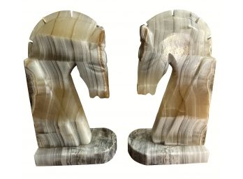 Pair Of Vintage Hand-carved Onyx Marble Trojan Horse Bookends