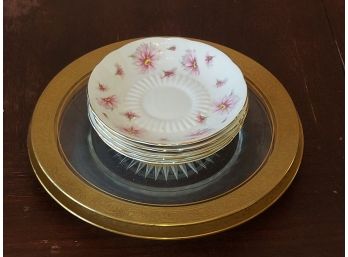 Roslyn Fine Bone China Floral Saucer Gold Trim Pink Flowers England Vintage Clear Glass Plate With Gold F