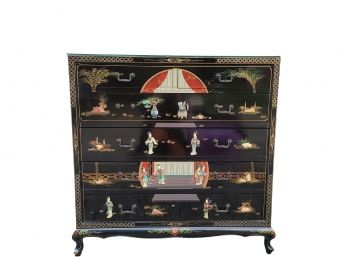Exquisite Mid 20th Century Vintage Chinoiserie Black Lacquer With Stone Accents Chest Of Drawers Dresser
