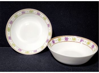 Pair Of Studio Nova Belize Pattern Round White Serving Bowls With Purple & Lime Green Flowers