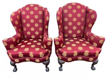 Lovely Pair Of Victorian Wing Back Upholstered Chairs With Serpentine Front