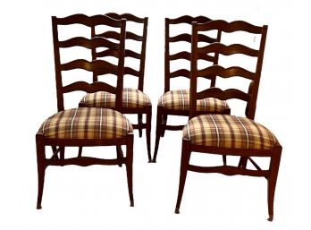 Group Of Four Ethan Allen Ladder Back Chairs With Plaid Upholstery