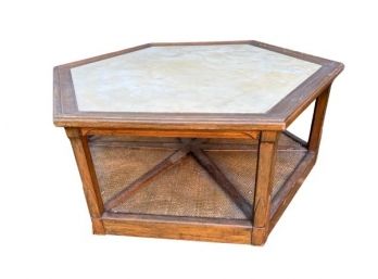 1970s Hexagonal Coffee Table With Caned Base & Marble Top