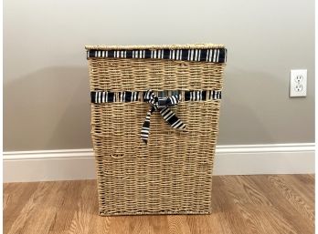 A Very Nice Woven Laundry Hamper With Blue & White Striped Fabric Liner