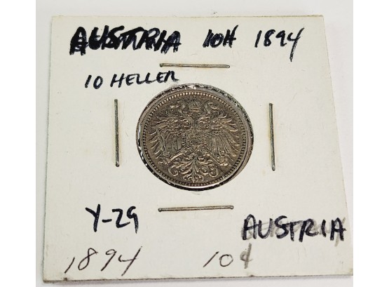 1894 Austrian Hungarian Empire  10 Heller Coin