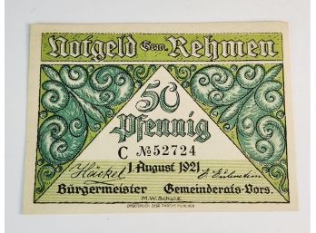 Antique.... August 1921s Notgeld  50 Pfennig Bank Note  German For 'emergency Money' UNC Condition