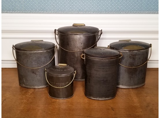Antique English Lidded Milk Tins And Canteens