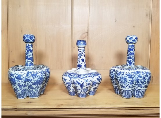 Antique Delft Pottery Blue And White Porcelain Tulip Vases