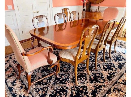 Queen Anne Inspired Double Pedestal, Mahogany Dining Table Upholstered Chairs