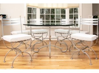 Patinated Steel & Glass Dining Table With 6 Chairs And Cushions- Purchase Price $4353