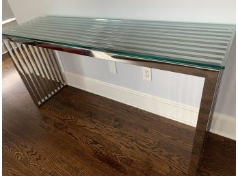 Contemporary Chrome Finish Slat Console Table With Glass Top
