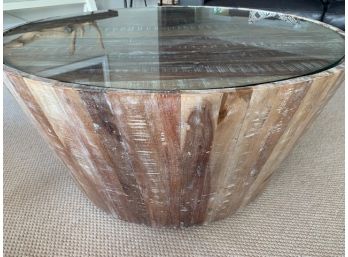 Distressed Wood Finish Drum Table W/ Glass Top