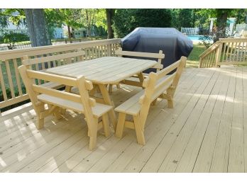 Painted Wooden Picnic Table & 4 Benches- Set Of 5