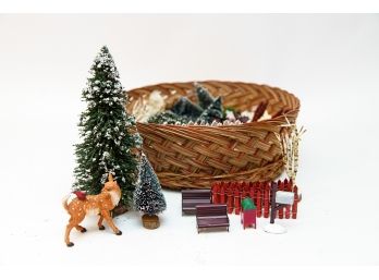 Collection Of Christmas Village Décor & Woven Basket