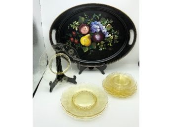 Signed Tole  Tray & Yellow Depression Glass