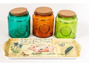 Authentic Recycled Glass Jars With Tray