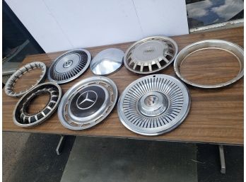 Vintage Lot Of Assorted Hubcaps With Logos - Includes: Mercedes, Chevy, Audi, Buick & Volkswagen