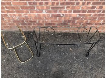2 Piece Lot. Brass Toned Plant Stand And Vintage Metal Based Glass Top Plant Stand