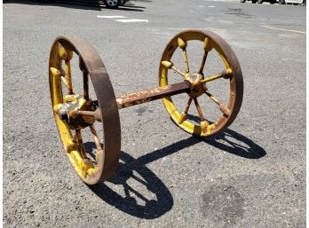 Antique Iron Wheels On Axle - Rusty Garden Decor